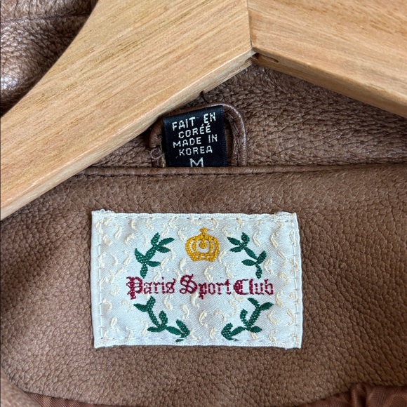 Vintage Leather Brown Bomber Coat Paris Sport Club Jacket Women’s Medium Y2k - Picture 8 of 10